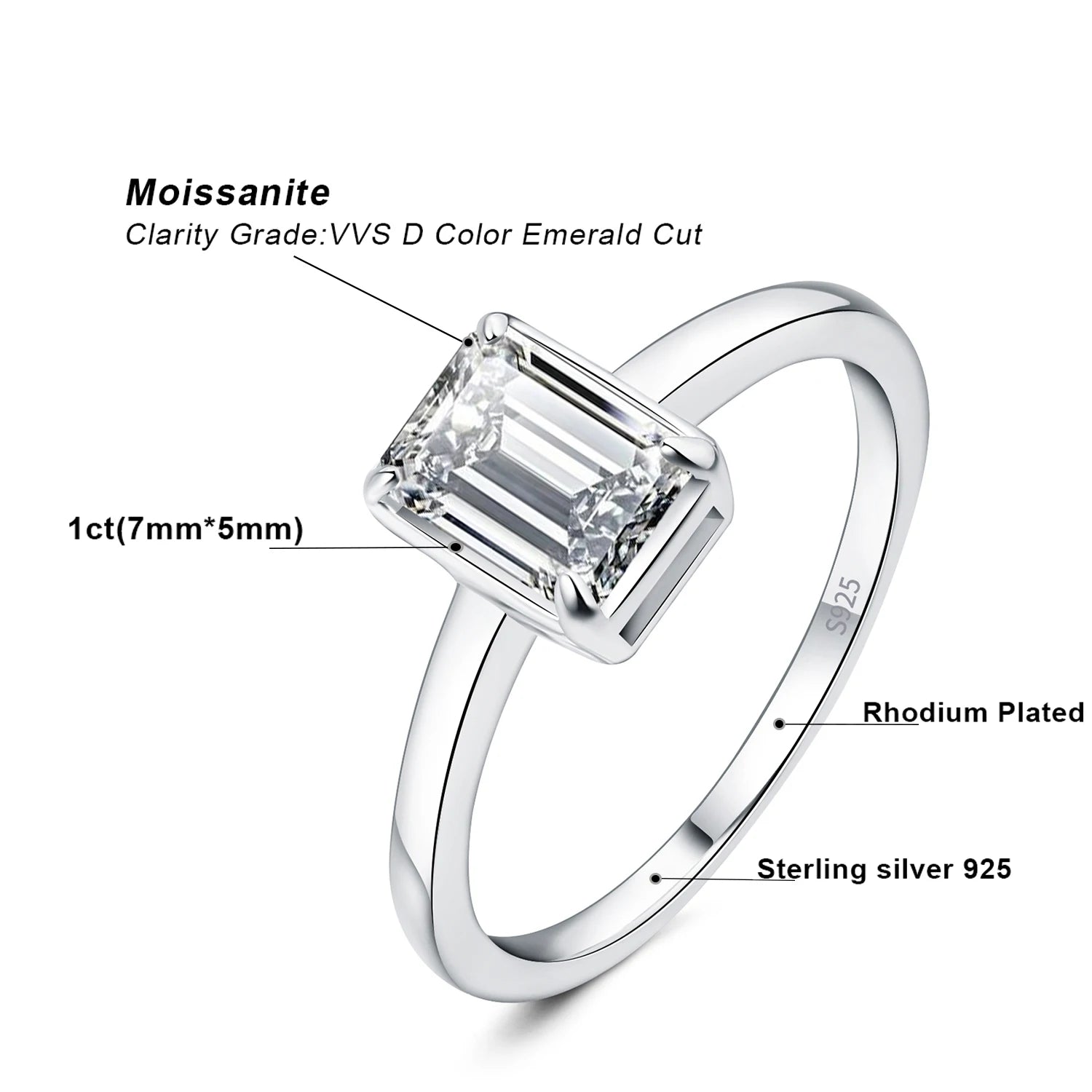 Emerald Cut Moissanite Solitaire Engagement Ring