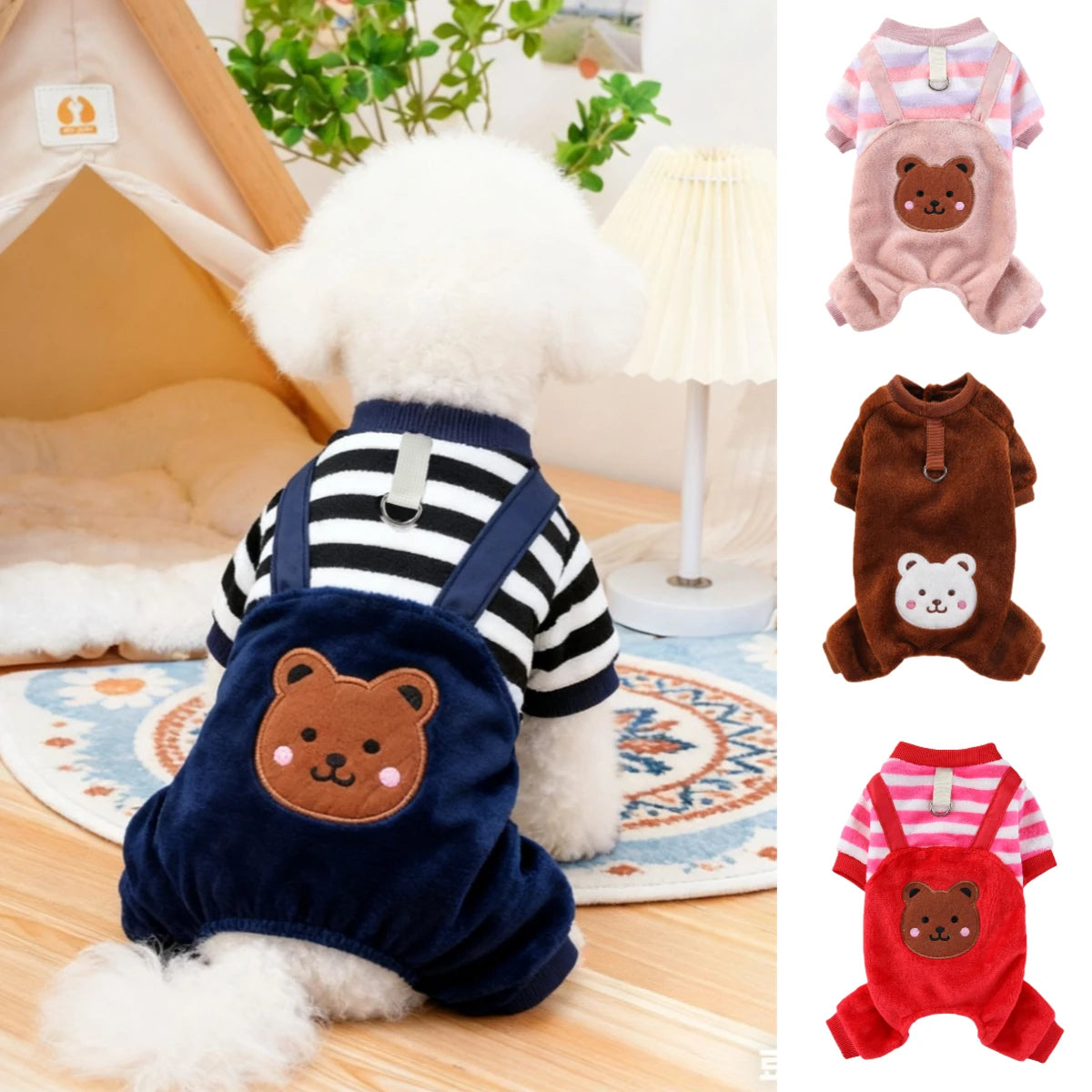 Warm Winter Fleece Dog Jumpsuit Coat with Leash Ring