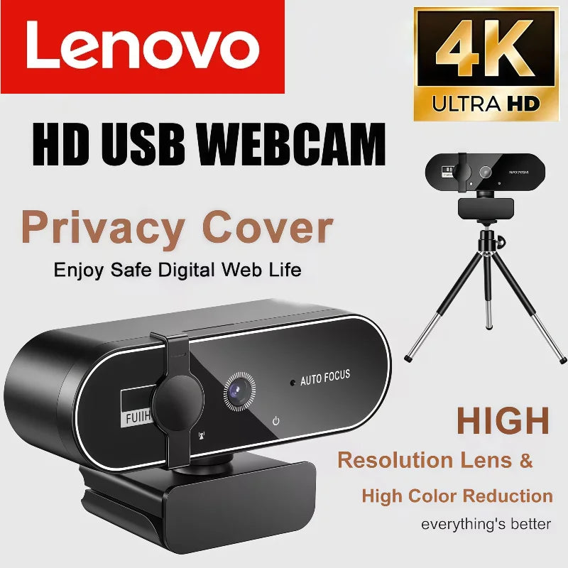 Lenovo 4K HD Mini Webcam With Microphone 2K Full HD Webcam  Autofocus USB Web Cam For Auto Focus PC Laptop Video Shooting Camera