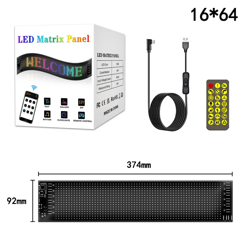 LED Matrix Pixel Panel USB 5V RGB Car Sign Bluetooth App Control Flexible Addressable Pattern Graffiti Scrolling Text Animation