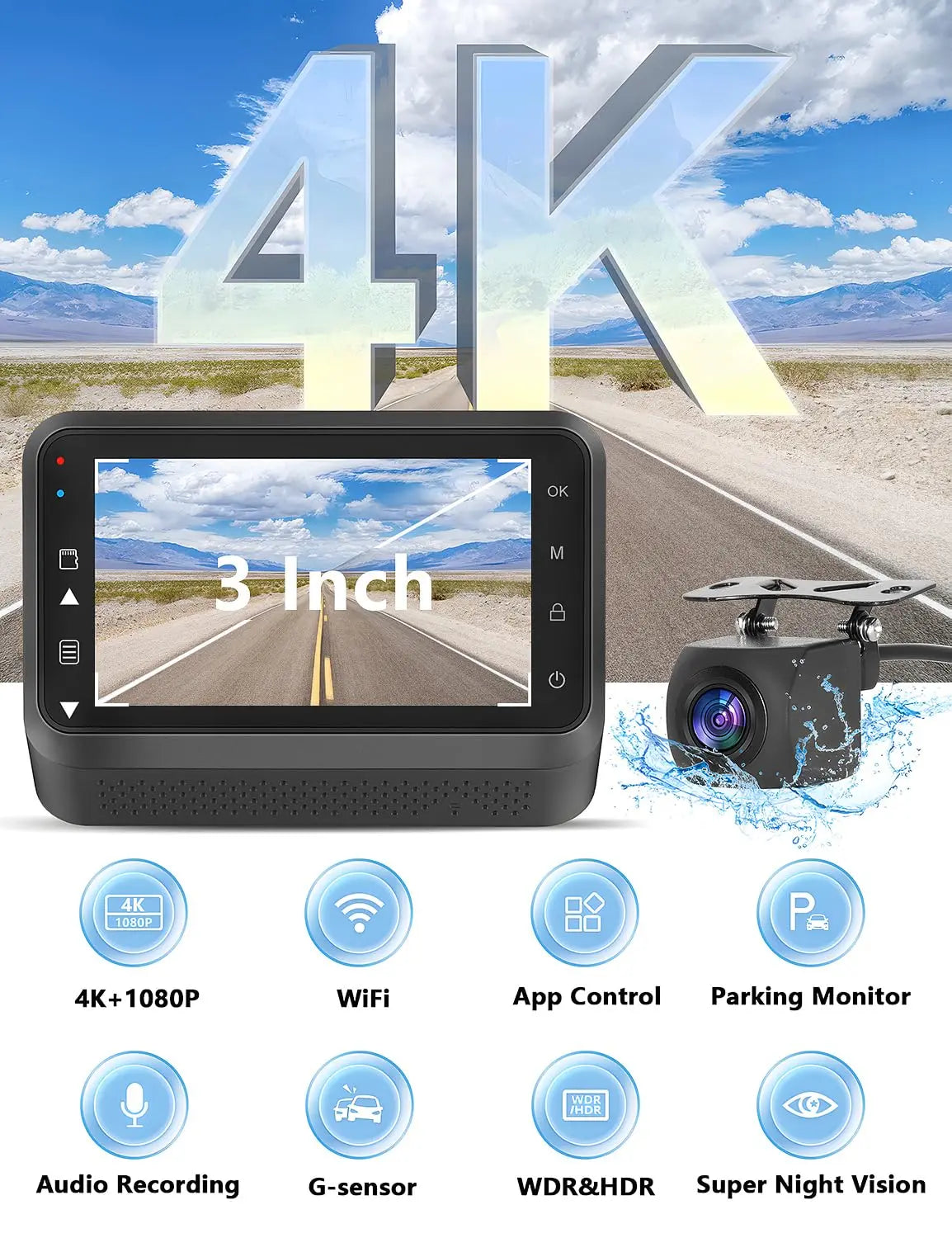 Kocam 4K UHD Dash Cam WiFi Car DVR Front and Rear Dual Lens Auto Car Camera with Night Vision 24H Parking Monitor Black Box