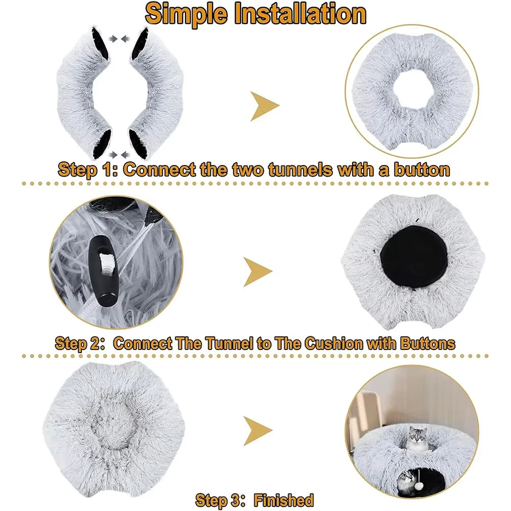 Two-in-One Plush Foldable Cat Tunnel Bed and Warm Nest
