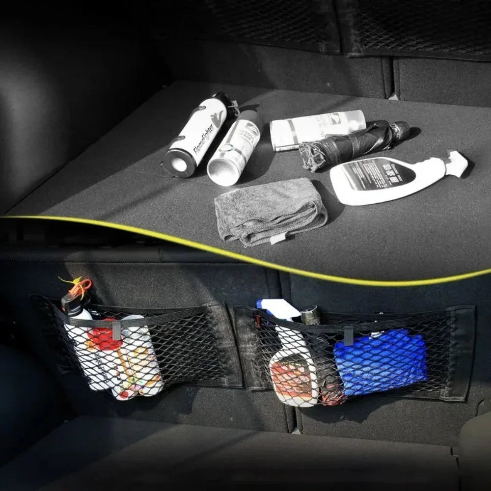 Car Storage Net Stretchable Mesh Pocket Net Magic Elastic Sticker Universal Rear Mesh Trunk Seat Bag Pocket Cage Auto Organizer