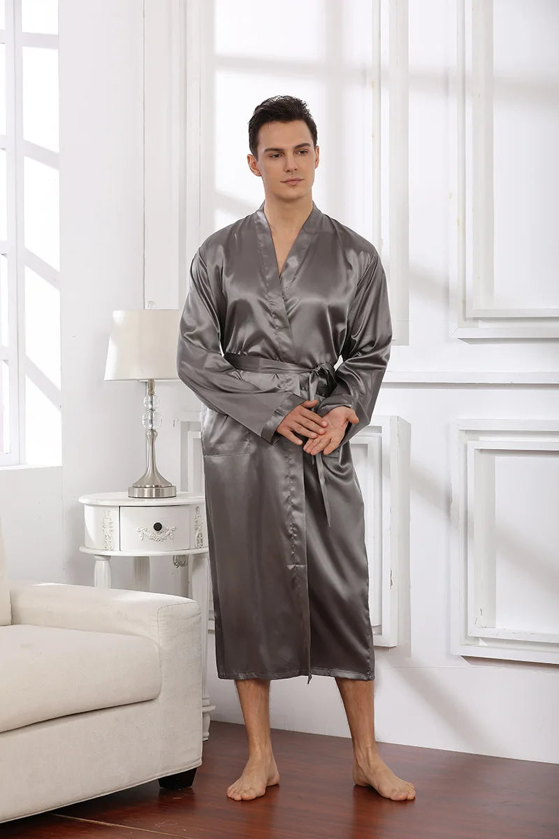 Men's Long Black Satin Bridegroom Wedding Bathrobe