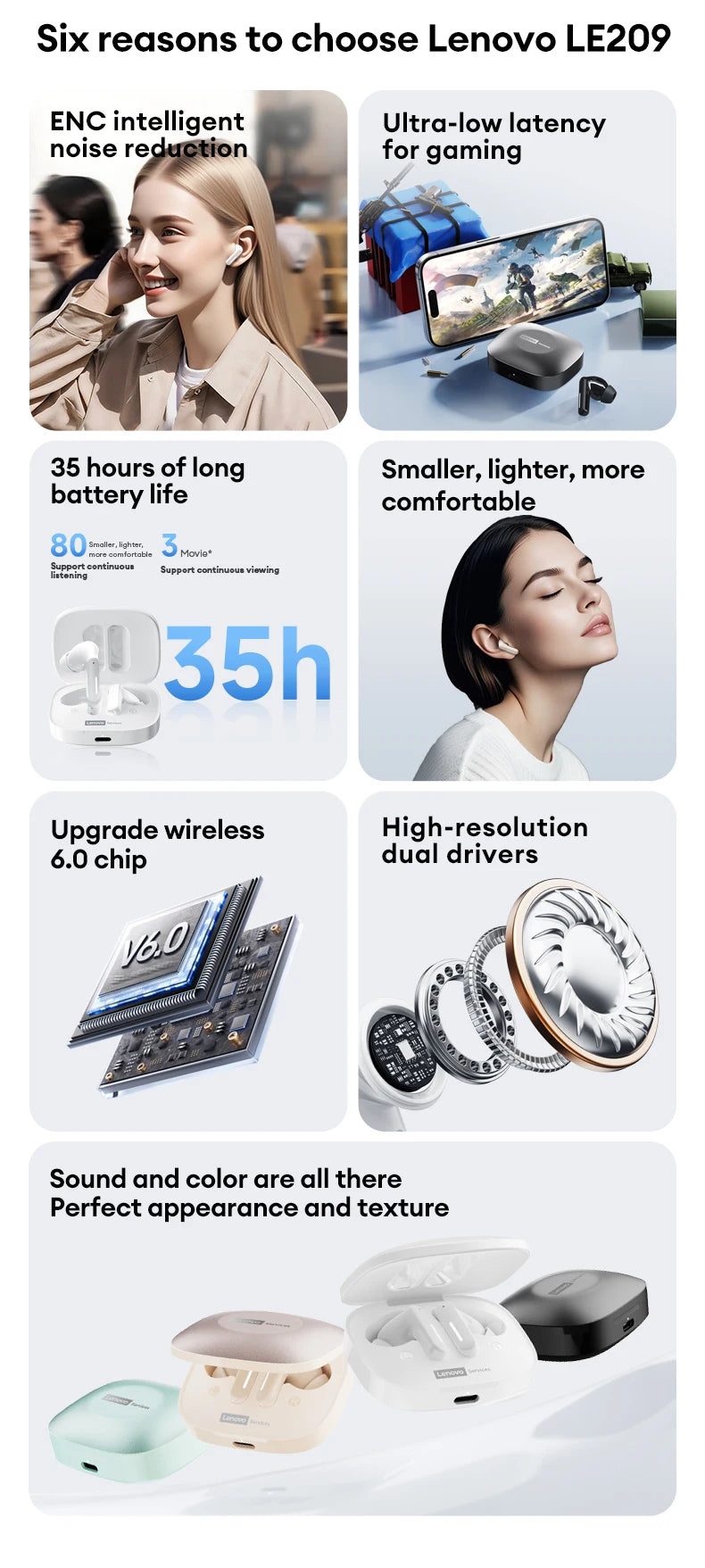 Lenovo LE209 Wireless Bluetooth Earphone ANC Noise Reduction HiFi Music Bluetooth Headphone 30H Battery Life Gaming Headset