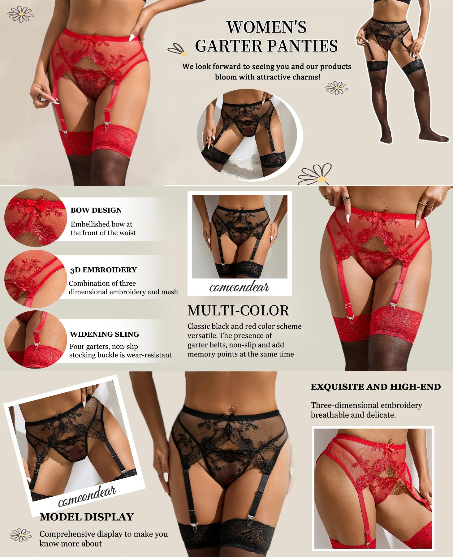 Embroidery Flower Lace Garter Belt and Stockings