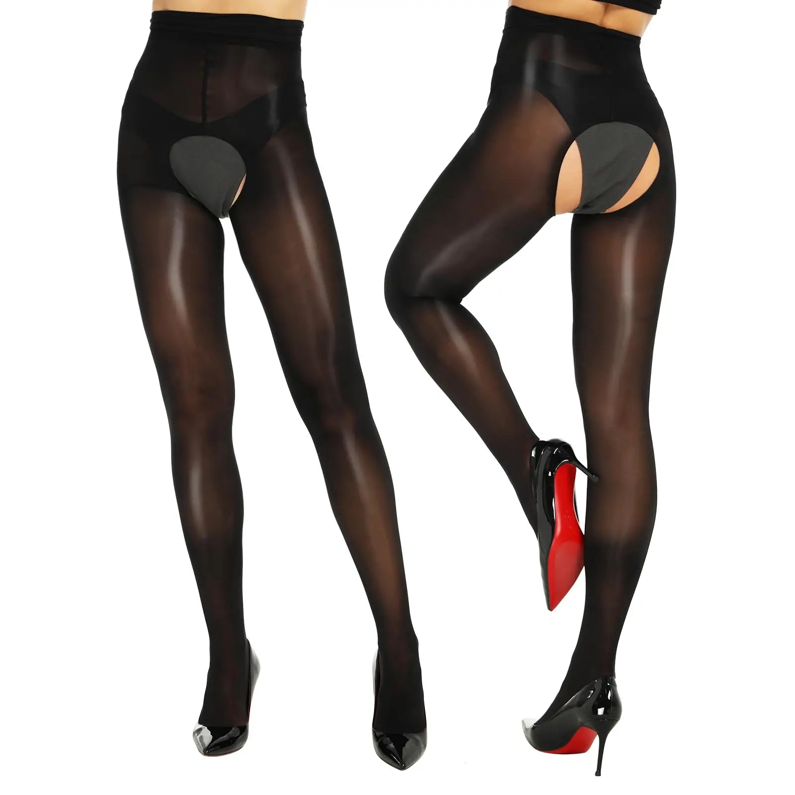 2 Pairs Glossy Oil Shimmer High-Waist Open Crotch Pantyhose