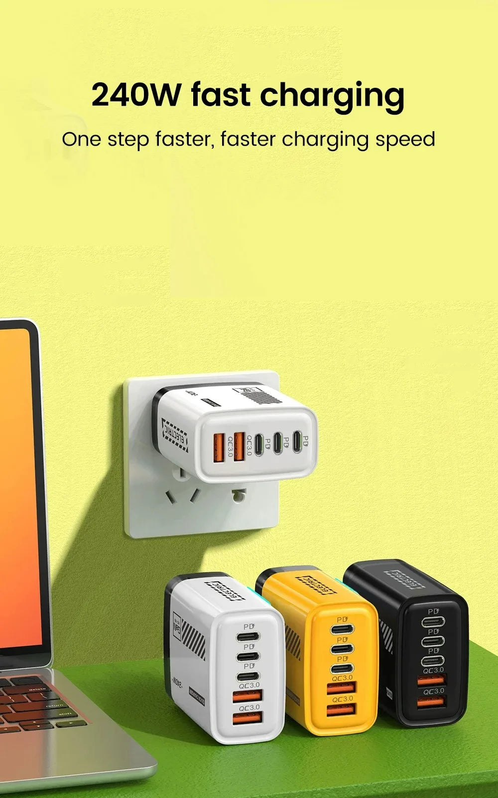 240W GaN 5 Port Fast Charging Station 3PD 2USB Desk Adapter For iPhone 17 16 15 Pro Samsung Xiaomi EU US Wall Plug USB C Charger