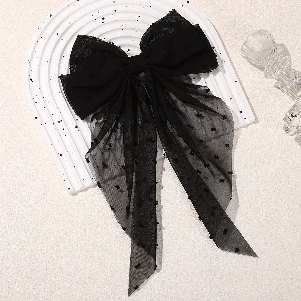 Elegant Long Satin Bow Hair Clip Large Chiffon Barrette