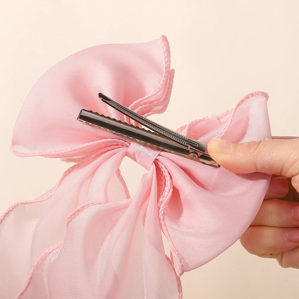 Elegant Long Satin Bow Hair Clip Large Chiffon Barrette