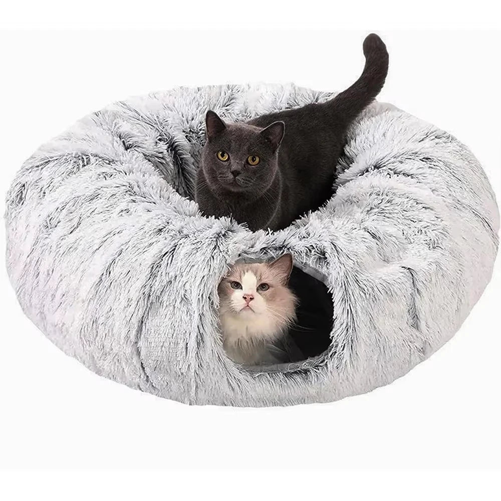 Two-in-One Plush Foldable Cat Tunnel Bed and Warm Nest