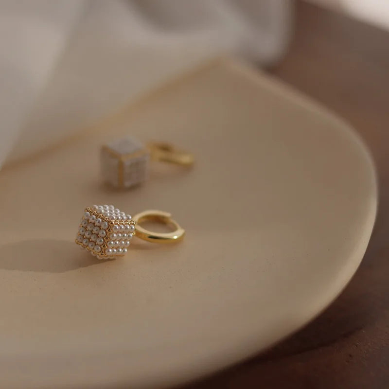 Premium Square Pearl Pendant Drop Earrings Luxury Jewelry