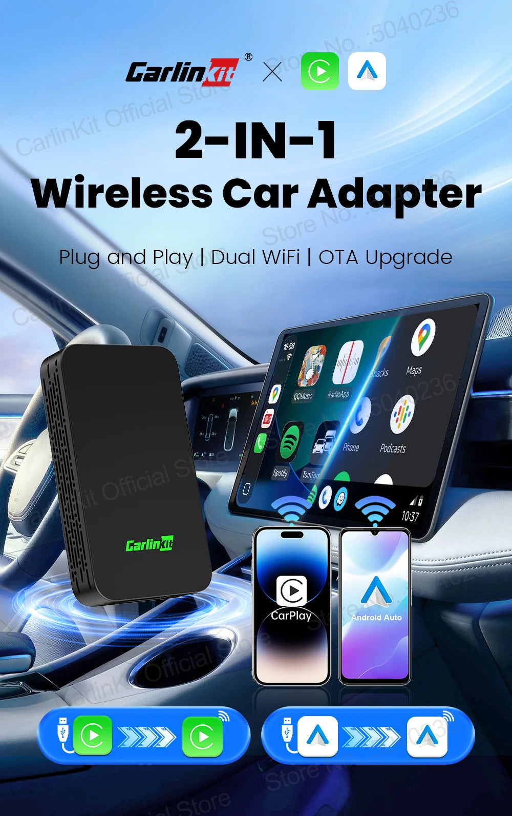 CarlinKit 5.0 C2Air 2-In-1 CarPlay Android Auto Wireless Adapter For Wired CarPlay Android Auto Cars Online Upgrade Plug & Play