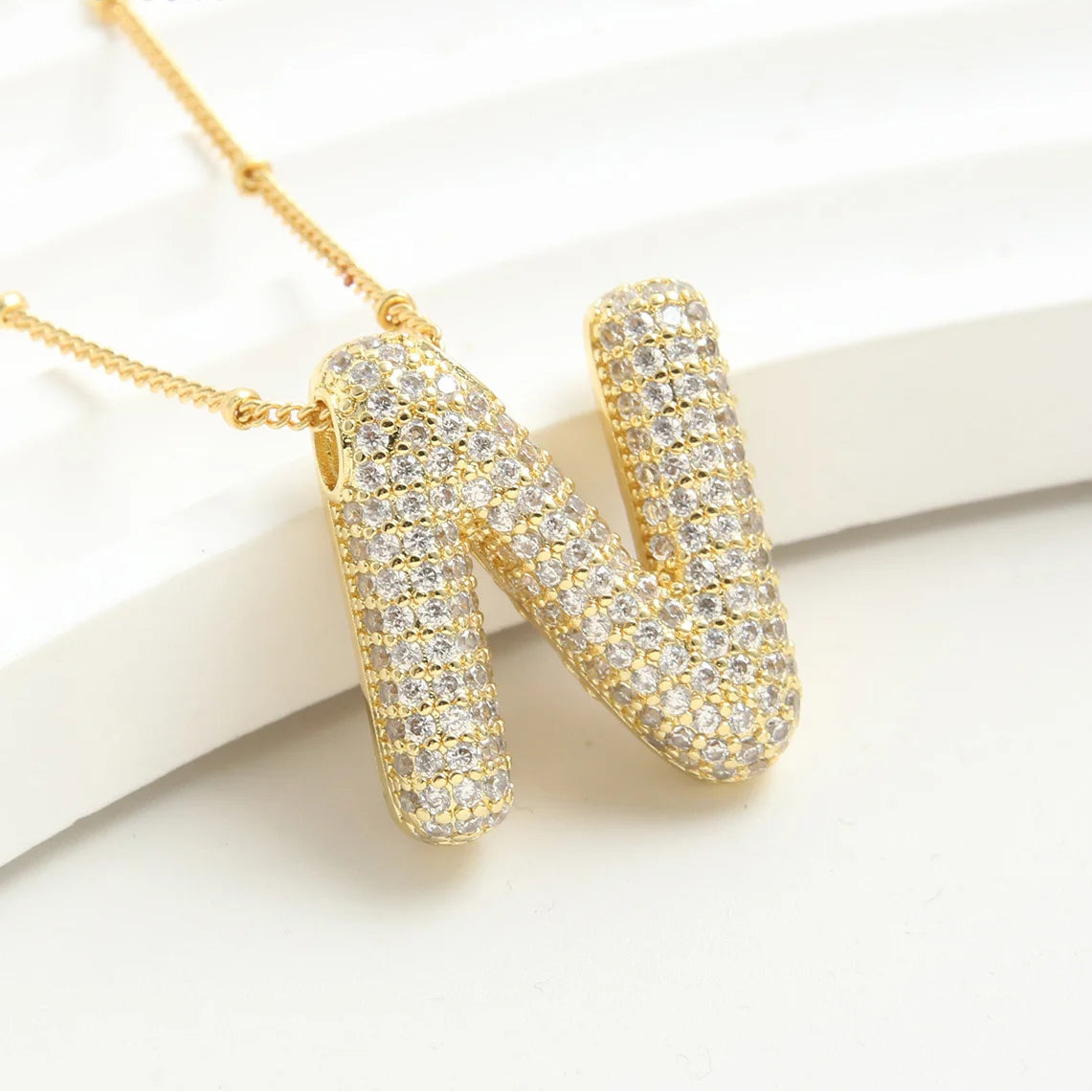 Gold-Style Plated Balloon Initial Zirconia Letter Pendant Necklace