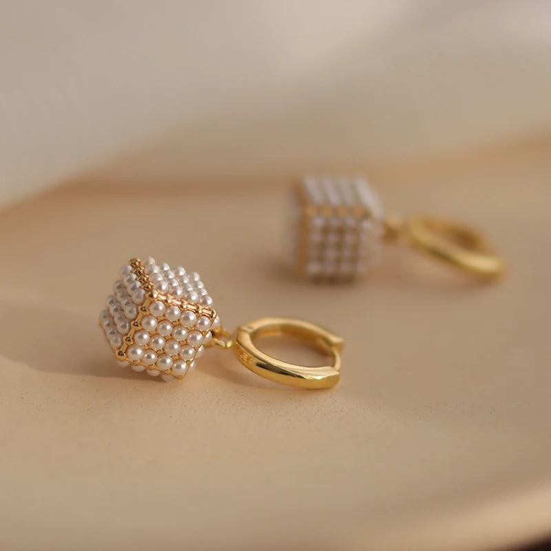 Premium Square Pearl Pendant Drop Earrings Luxury Jewelry