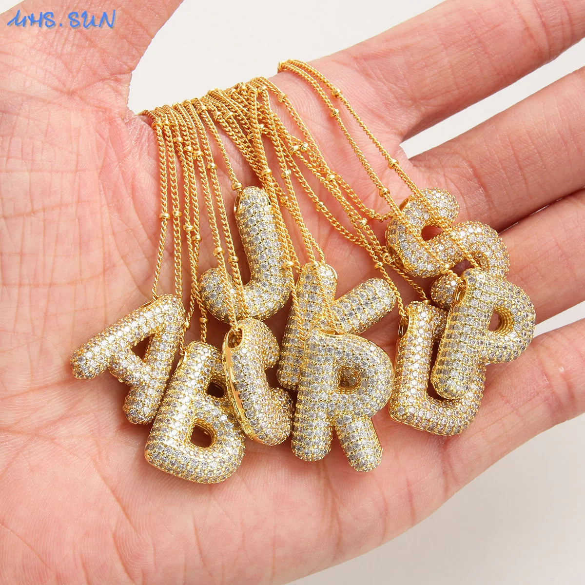 Gold-Style Plated Balloon Initial Zirconia Letter Pendant Necklace