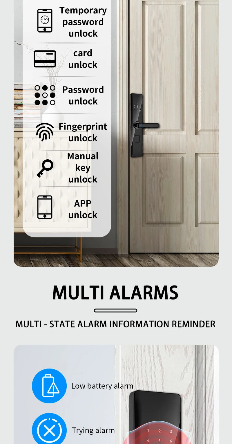 Tuya Smart Lock Wirelss With Fingerprint Password IC Card Unlock Support USB Emergency Charge Handle Direction Adjustable ﻿