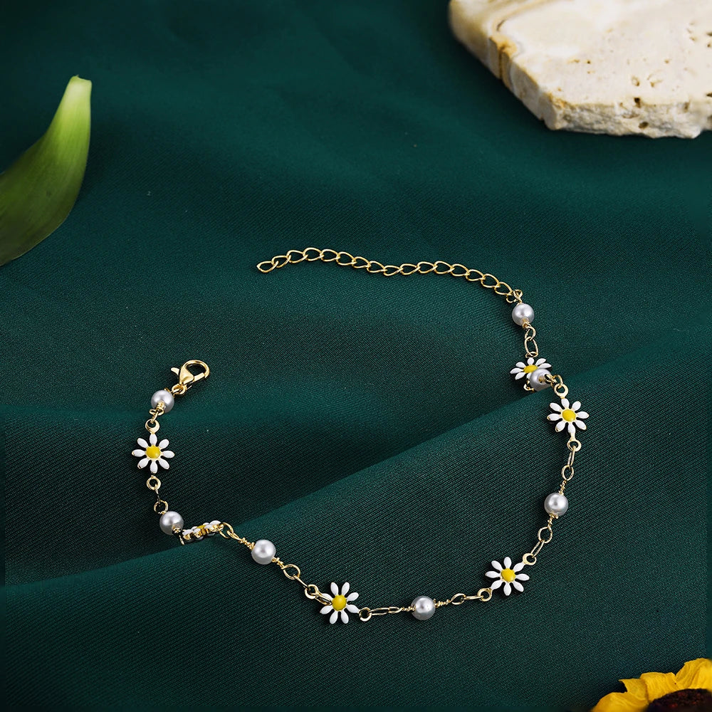 Elegante Tornozeleira Flor Margarida com Corrente de Pérolas Feita à Mão Tornozeleiras para Mulheres Acessórios de Sandálias de Verão Praia Pulseira na Perna