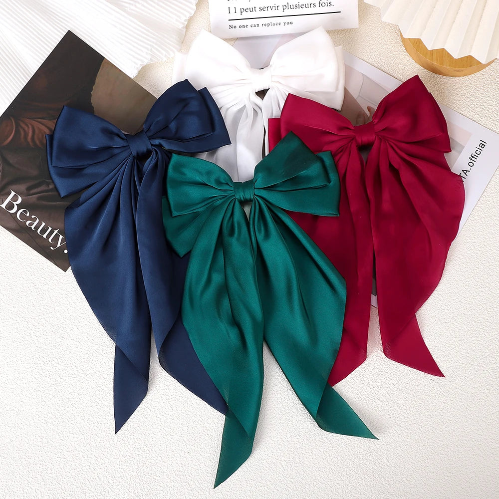 Elegant Long Satin Bow Hair Clip Large Chiffon Barrette