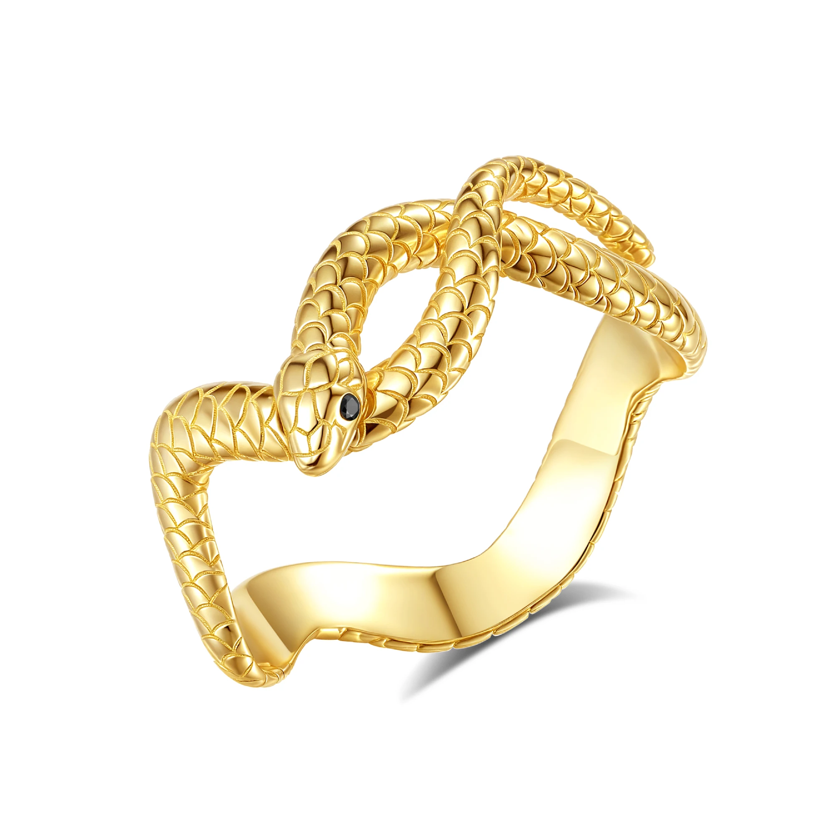 925 Sterling Silver Textured Snake Ring with Black Zircon