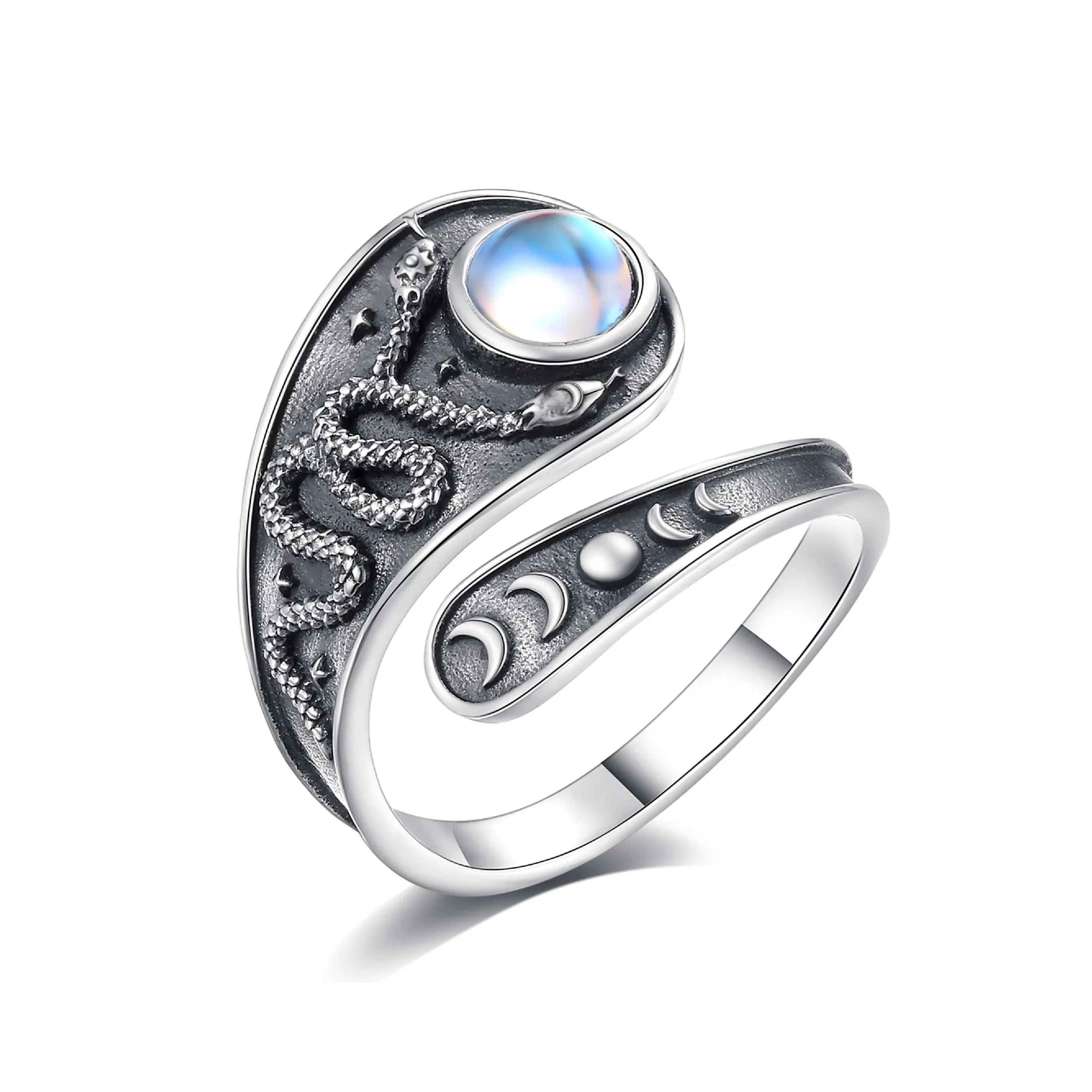 925 Sterling Silver Triple Moon Snake Moonstone Adjustable Ring
