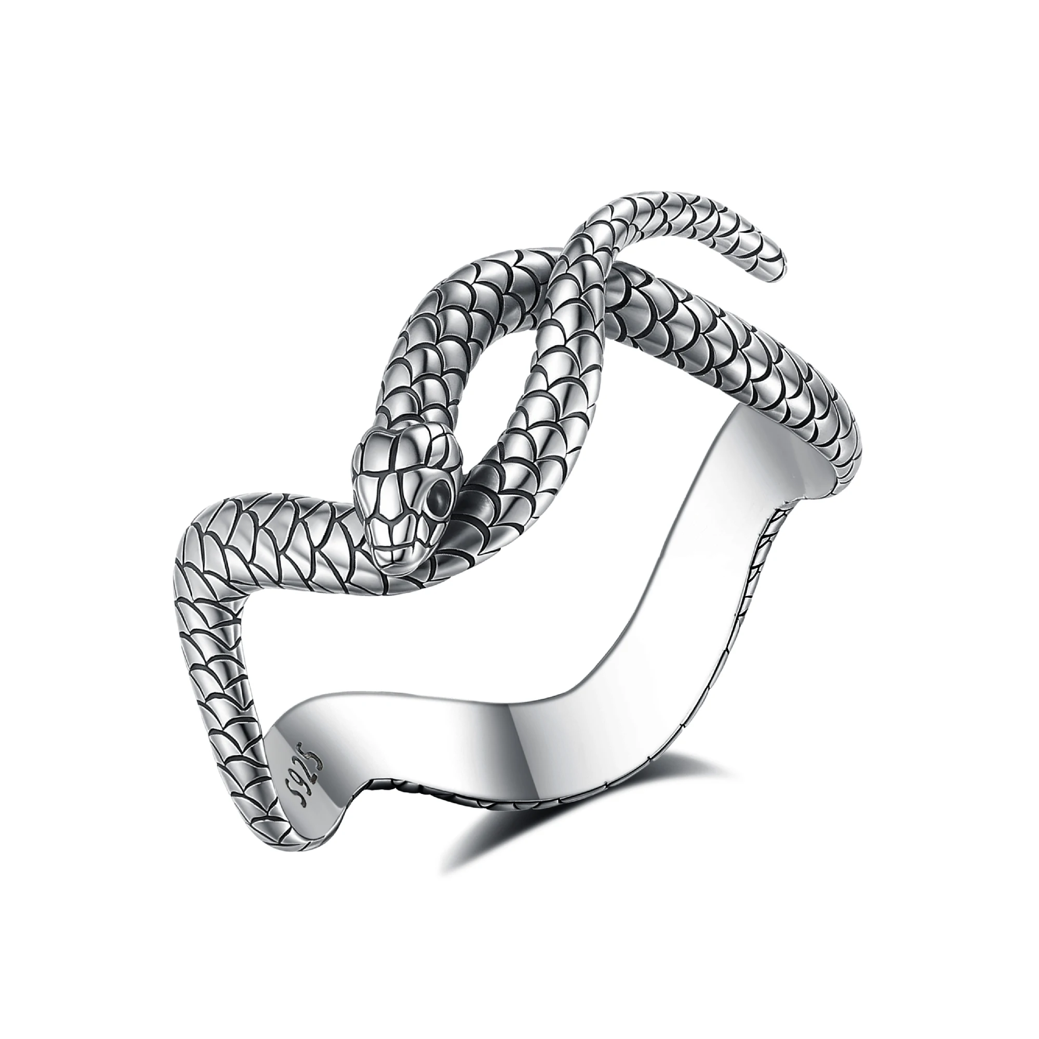 925 Sterling Silver Textured Snake Ring with Black Zircon