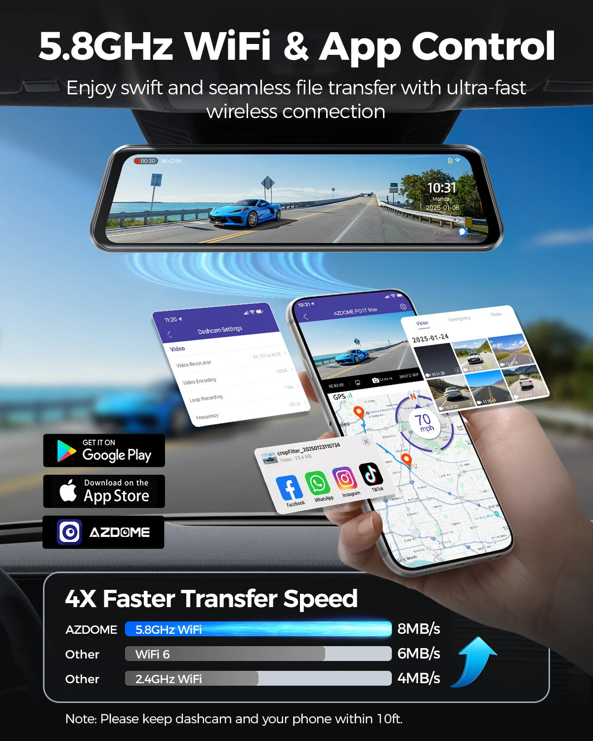 AZDOME PG17 MAX Front and Rear Dash Cam 12 Inch Touch Screen Car DVR 4K+2.5K Rearview Mirror Camera GPS WIFI Voice Control ADAS
