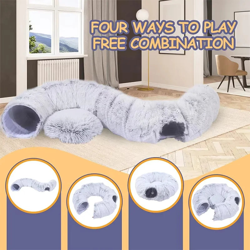 Two-in-One Plush Foldable Cat Tunnel Bed and Warm Nest