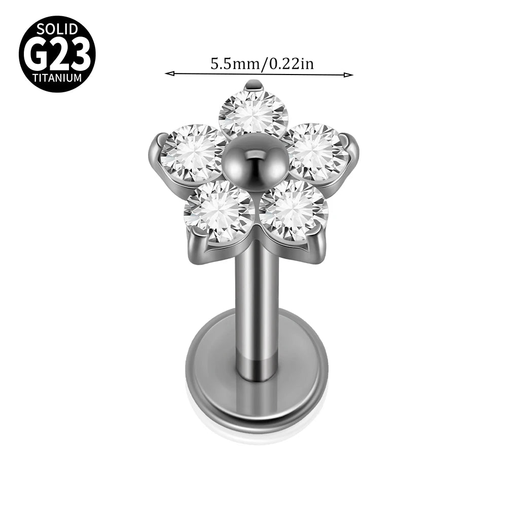 F-136 Implant Titanium Flower Zirconia 16G Labret Helix Piercing