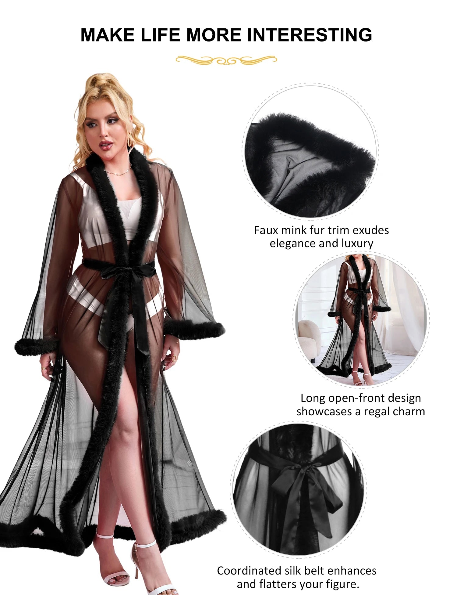 Long Sleeve Transparent Mesh Robe with Faux Mink