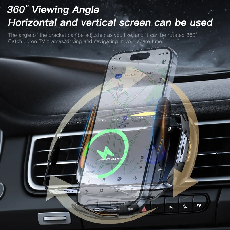 Suporte de telemóvel sem fios para carro, atualizado, 1 unidade, com carregamento sem fios, componentes de ventilação universais, braço rotativo 360°, conector USB