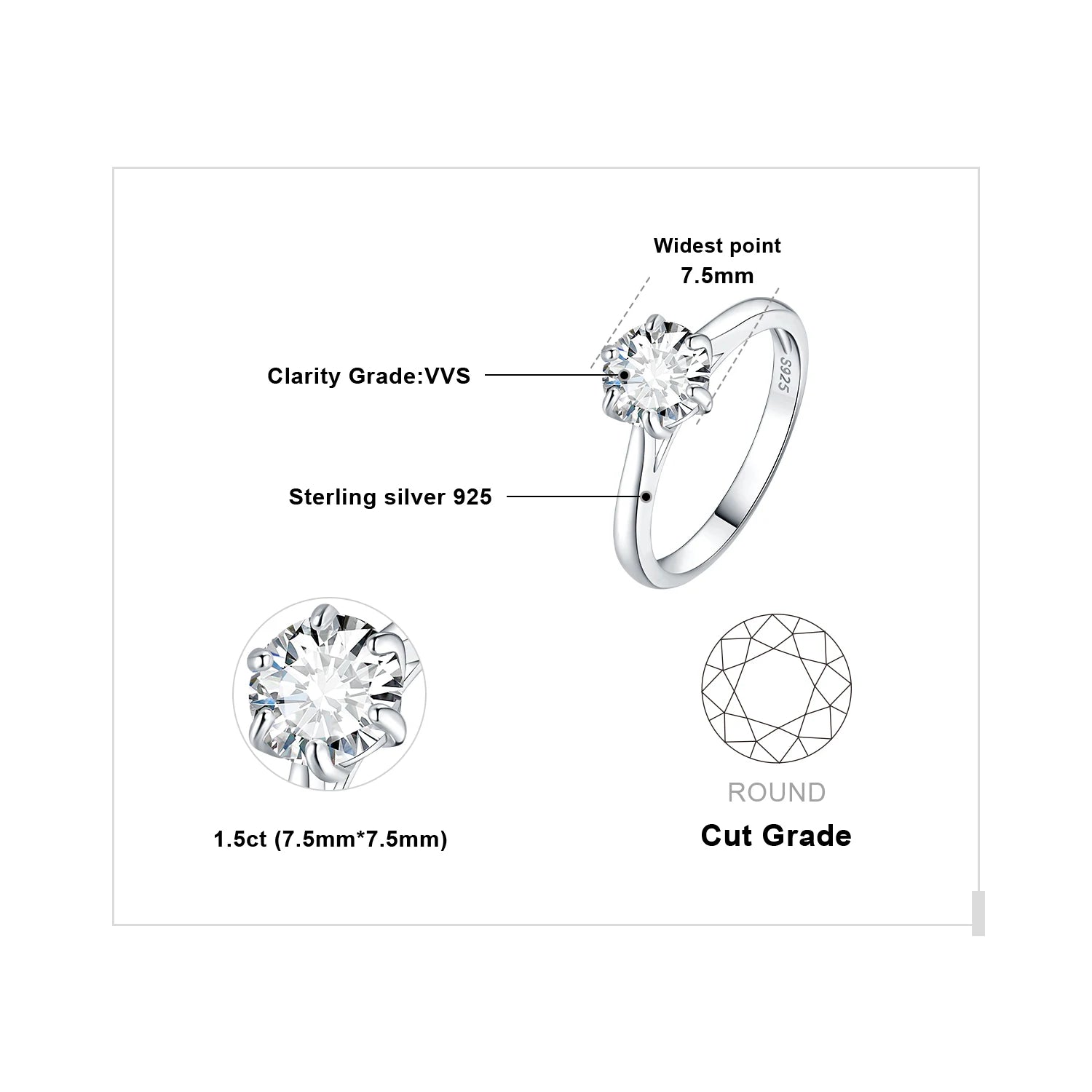925 Sterling Silver D Color 6-Claw Moissanite Solitaire Ring