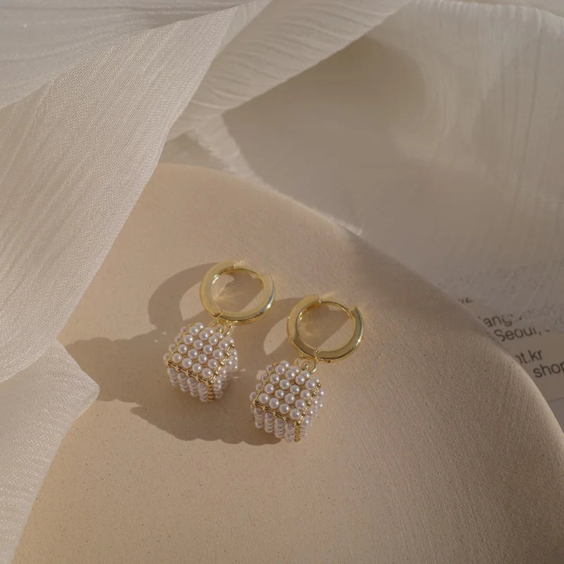 Premium Square Pearl Pendant Drop Earrings Luxury Jewelry