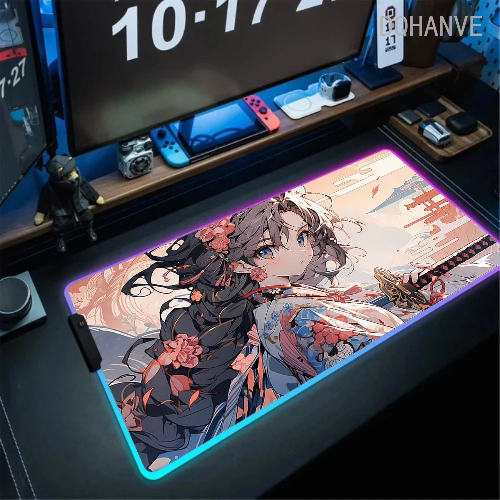 Pink Girls RGB Anime Rubber Mouse Pads XXL Cute Large LED Lighting PC Computer Mousepad Colorful Glowing Deskmat Backlight Mat