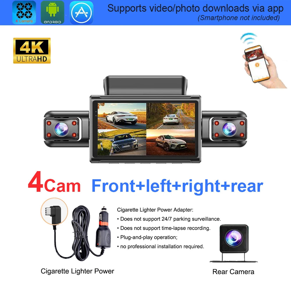 4K 4CH Hidden Car DVR with APP 24H Parking Mode G Sensor Motion Detect Loop Record Time Lapse Stealth Recording Night Vision WDR