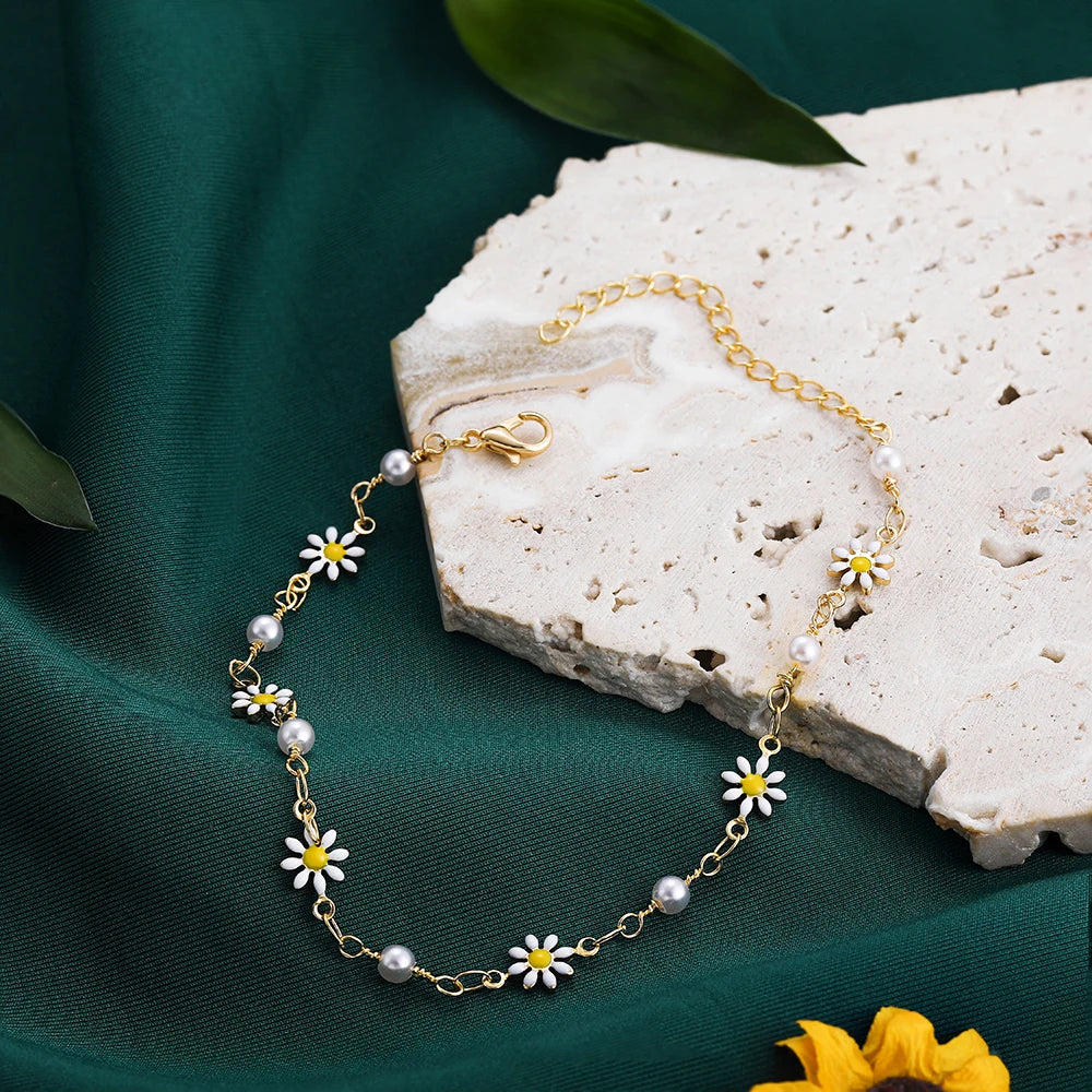 Elegante Tornozeleira Flor Margarida com Corrente de Pérolas Feita à Mão Tornozeleiras para Mulheres Acessórios de Sandálias de Verão Praia Pulseira na Perna