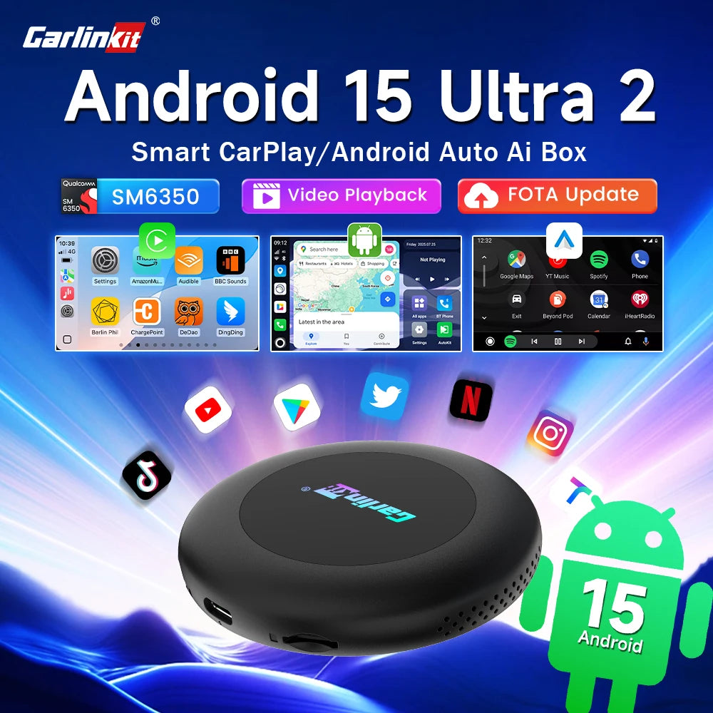 CarlinKit 3 In 1 Android 15 CarPlay Ai Box Wireless Adapter Android Auto Qualcomm SM6350 128GB 8-Core for Youtube Netflix FOTA