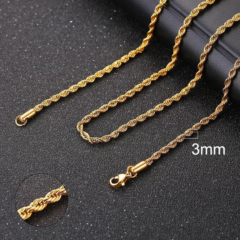 Stainless Steel Cuban Link and Rope Chain Necklace