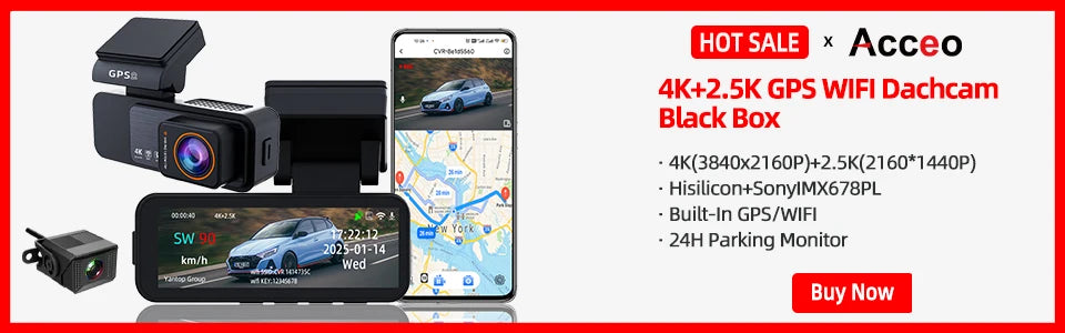 ACCEO Car Dashcam Auto 4K Front Car DVR Night Vision Support GPS and WiFi APP Loop Recording Video Car Recorder 24 Hour Parking