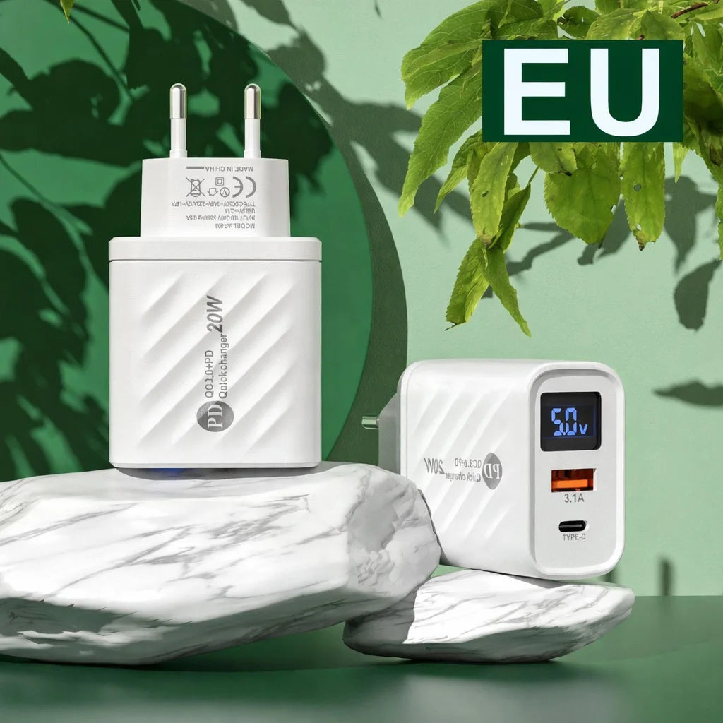 20W USB C Fast Charger with LCD Display, 2-Port Multi Charger for iPhone 14 Pro Max, Samsung, Xiaomi, Huawei, Quick Charge 3.0