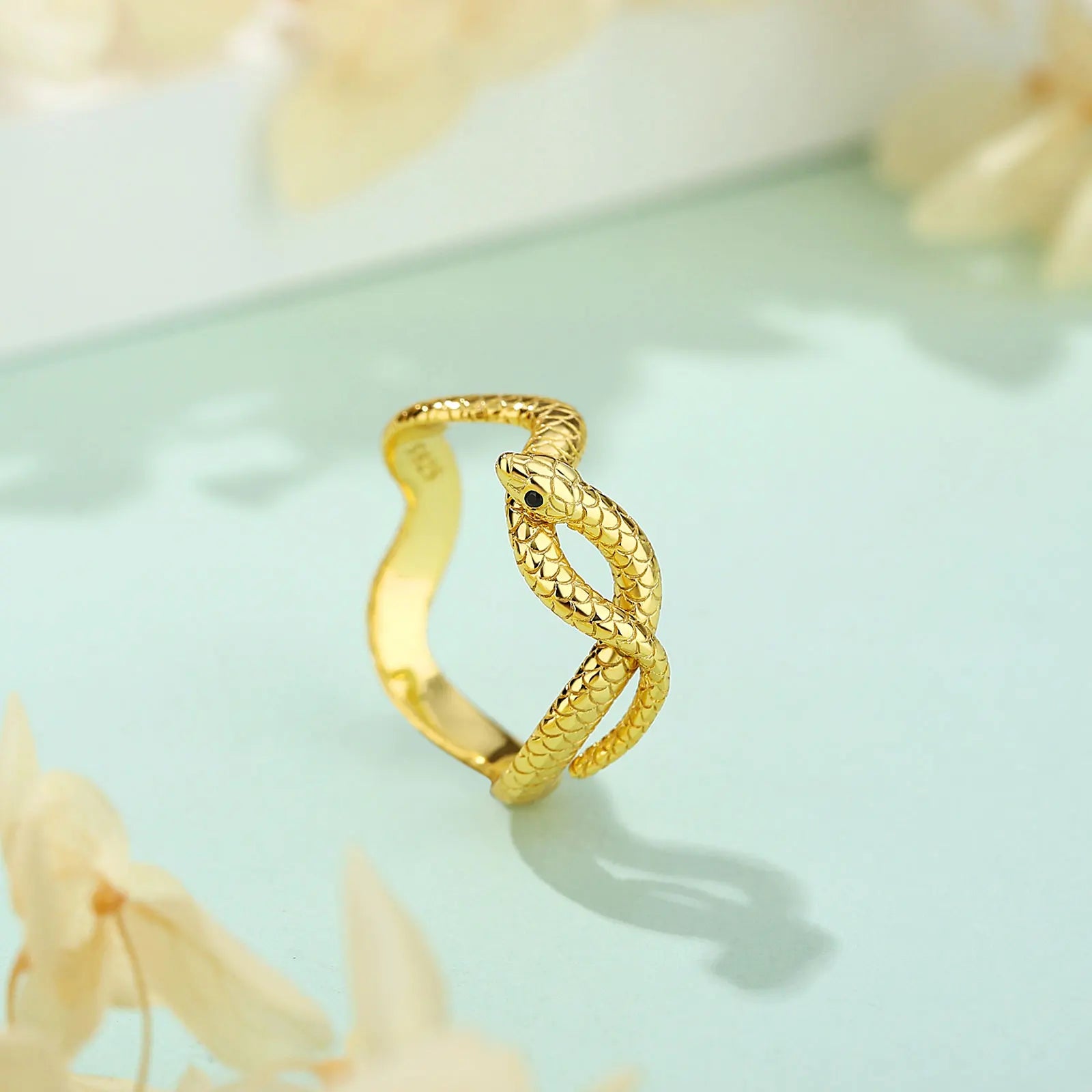 925 Sterling Silver Textured Snake Ring with Black Zircon