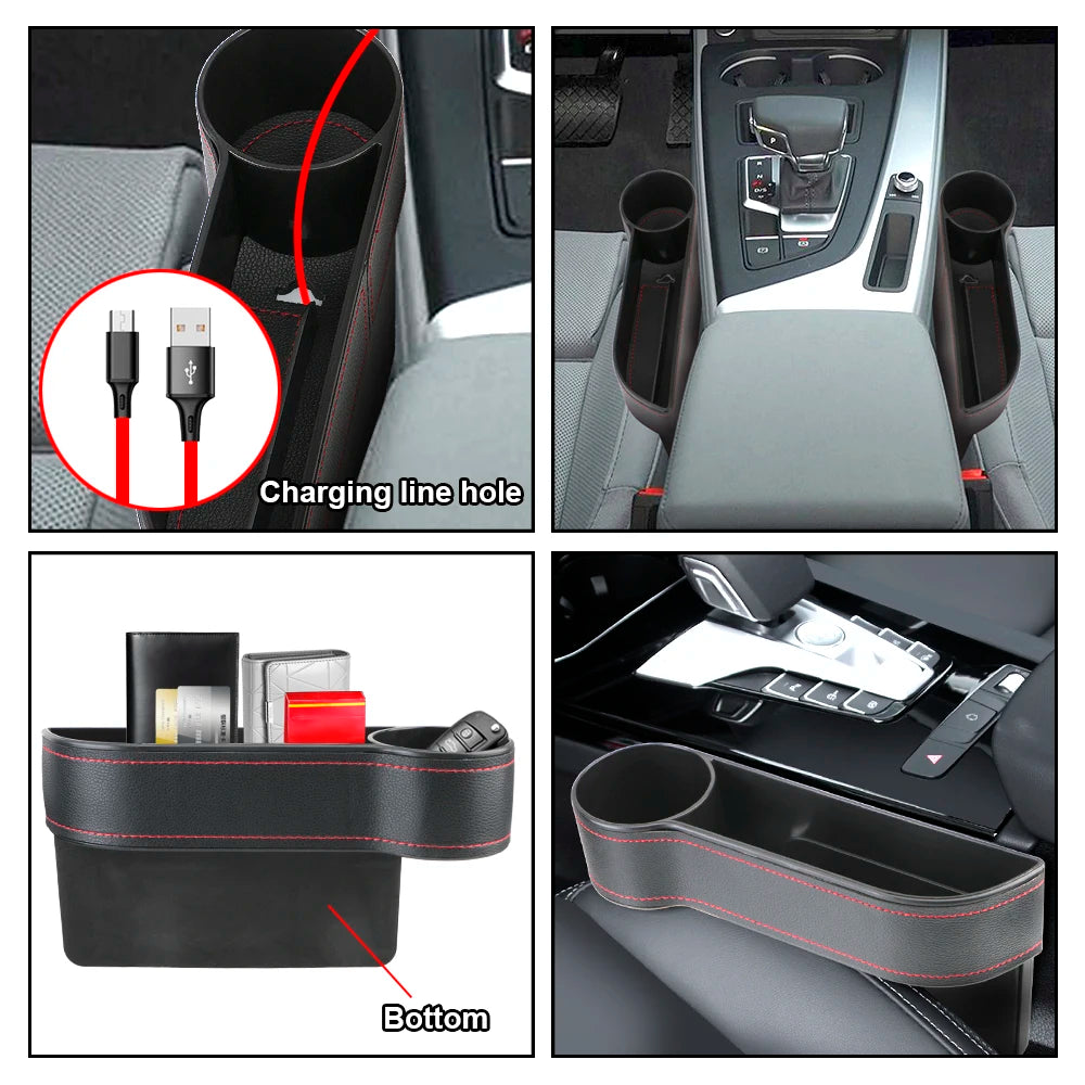 Car Organizer Auto Crevice Pocket Phone Bottle Cups Holder Seat Gap Leather Storage Box Car Accessories,USB Chargers Optional