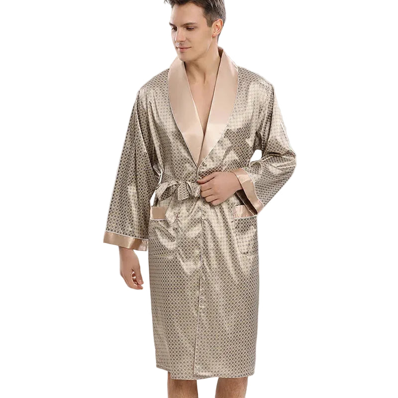 Roupa de Dormir Masculina Plus Size 3GG 4GG 5GG Robe Azul Marinho com Riscas Kimono Roupão com Bolso Verão Cetim Roupa de Casa Loungewear