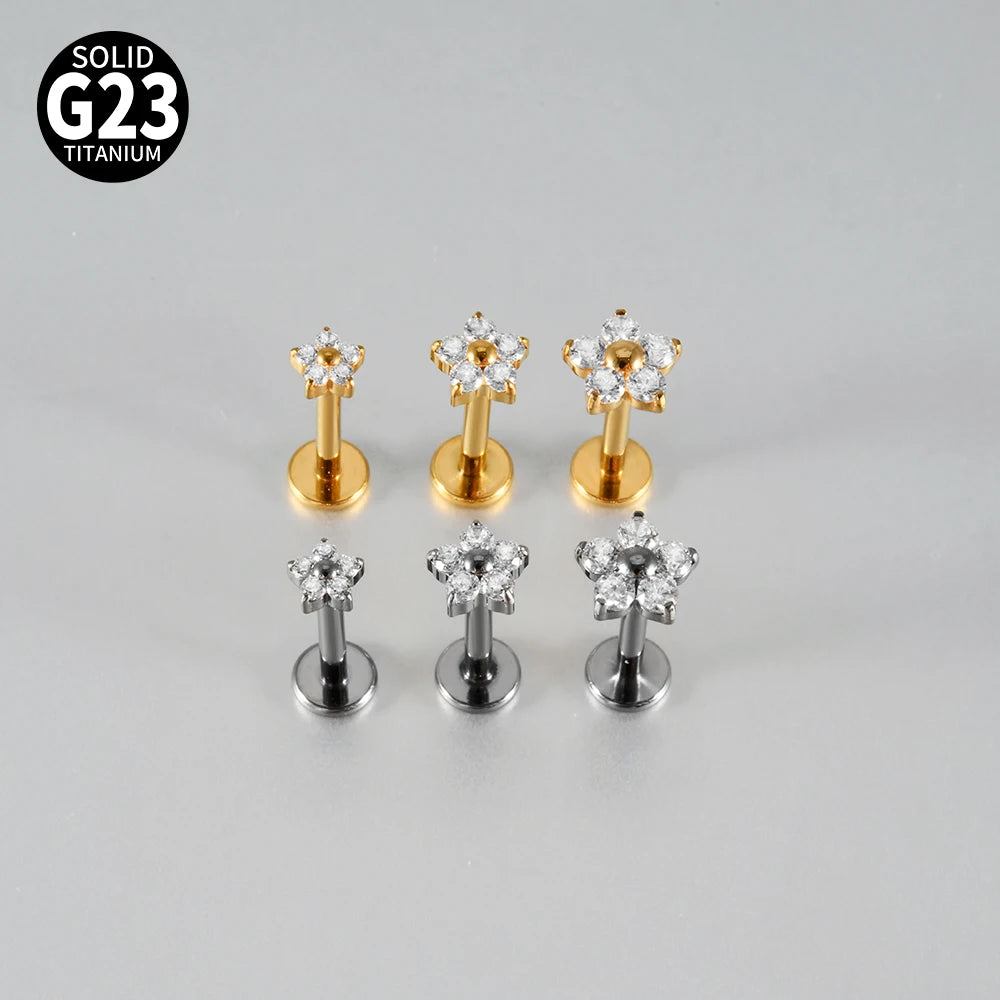 F-136 Implant Titanium Flower Zirconia 16G Labret Helix Piercing