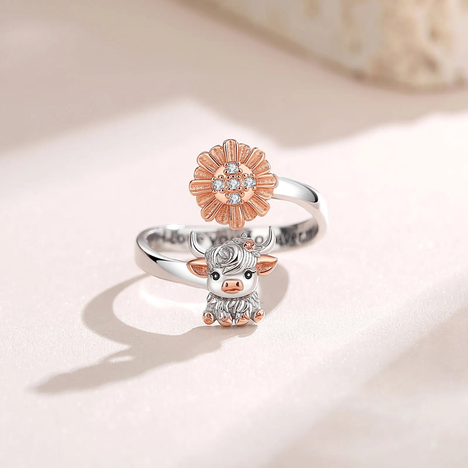 925 Sterling Silver Highland Cow Adjustable Flower Zircon Ring