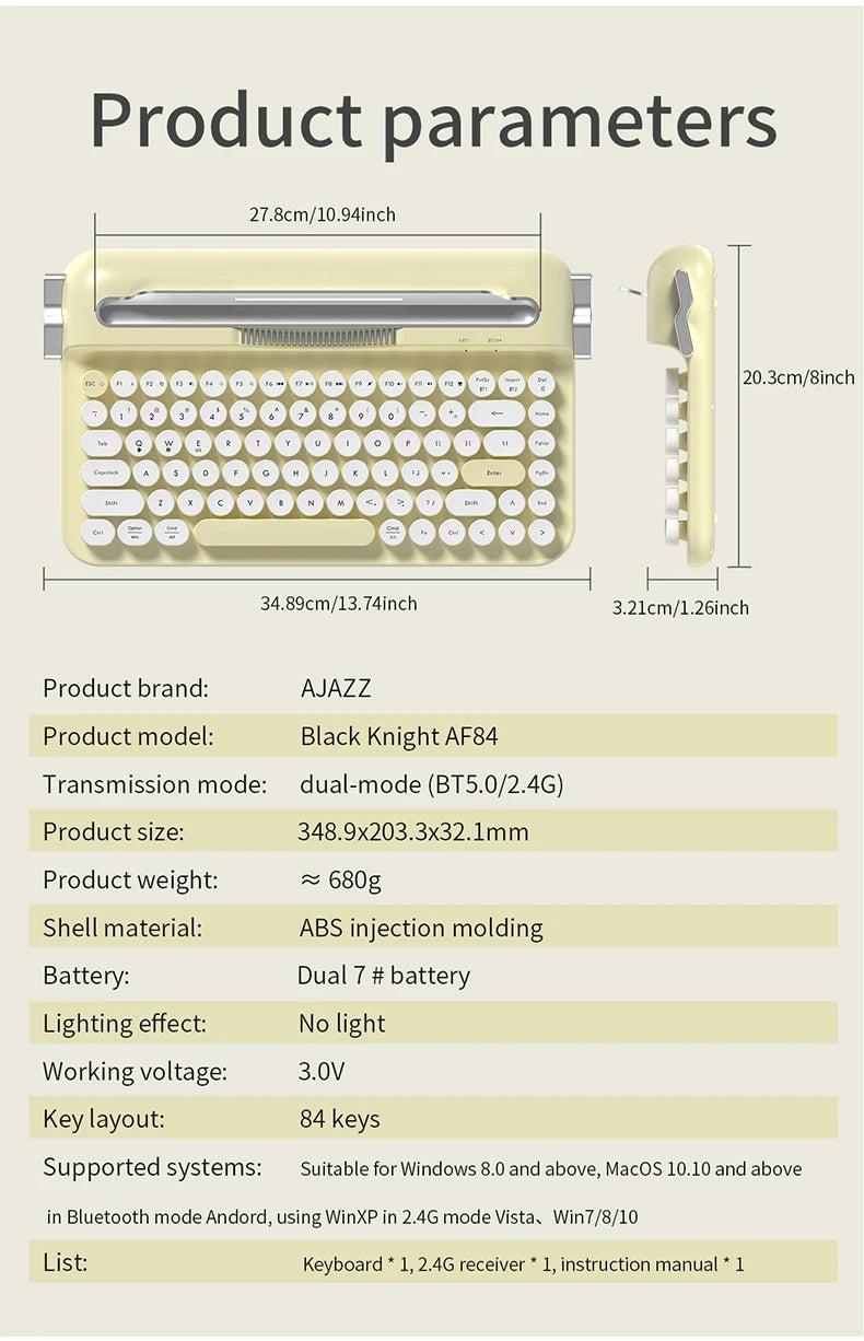AJAZZ AF84 Wireless BT Portable Keyboard-Retro Punk Typewriter Mechanical Keyboard-Wireless BT Dual-Mode Office Keyboard