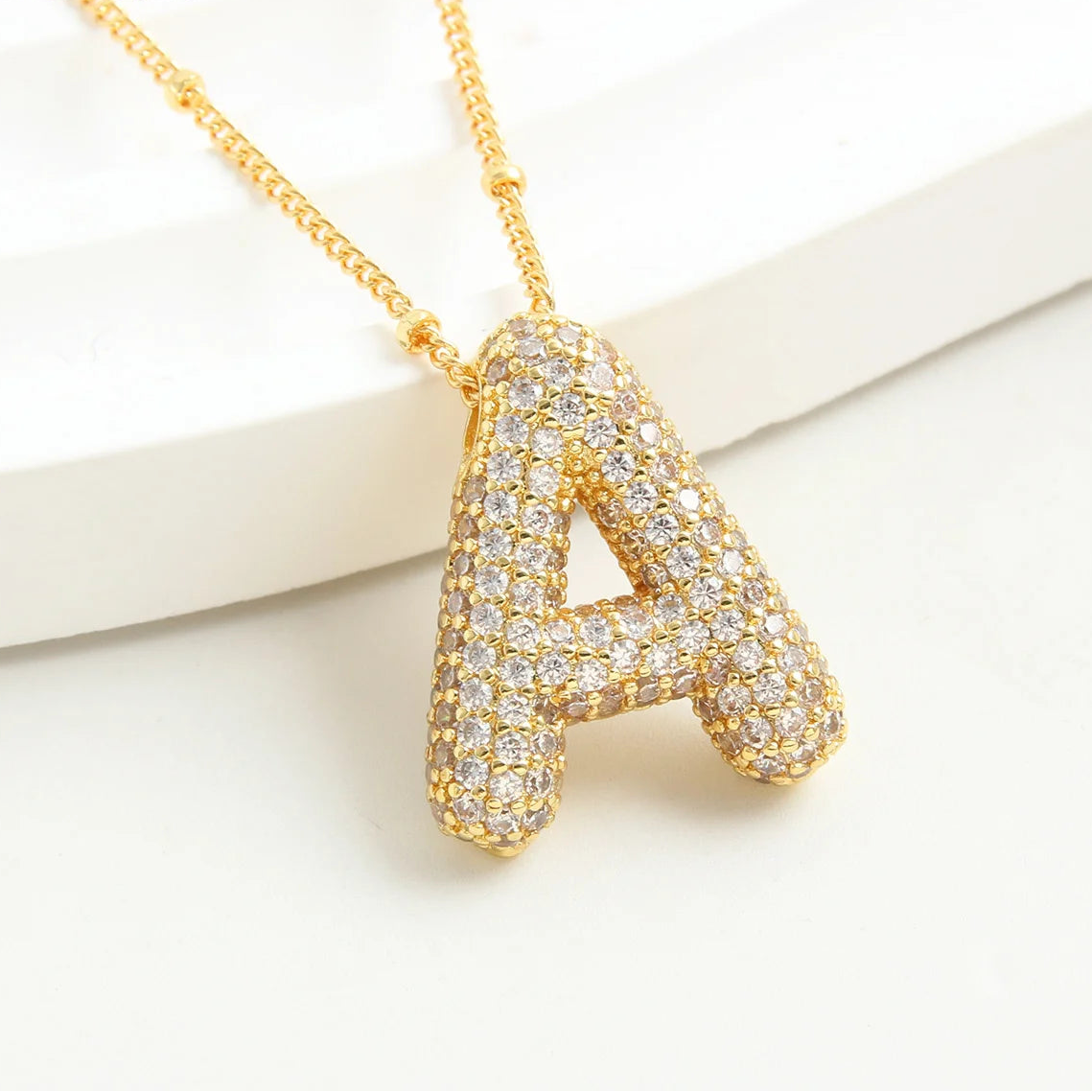 Gold-Style Plated Balloon Initial Zirconia Letter Pendant Necklace