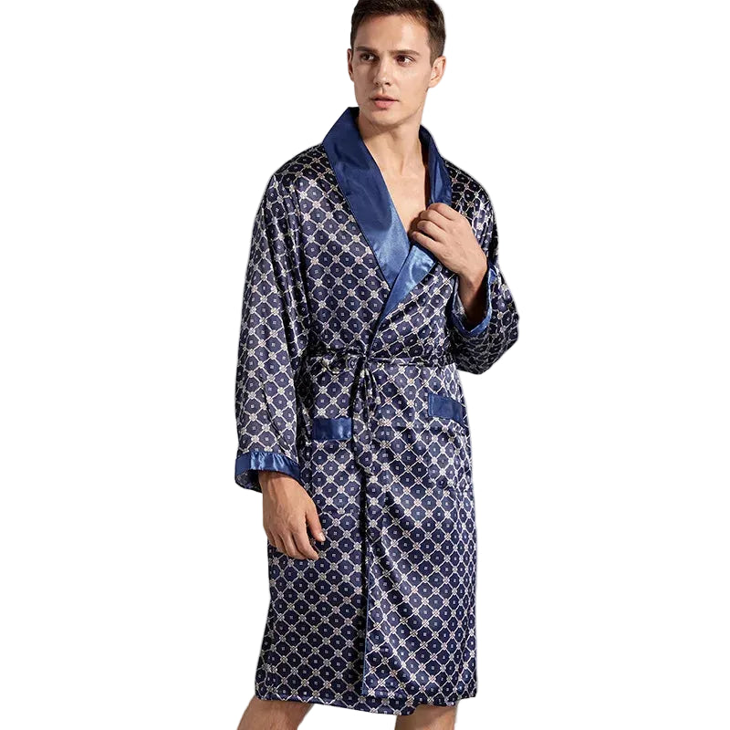 Roupa de Dormir Masculina Plus Size 3GG 4GG 5GG Robe Azul Marinho com Riscas Kimono Roupão com Bolso Verão Cetim Roupa de Casa Loungewear
