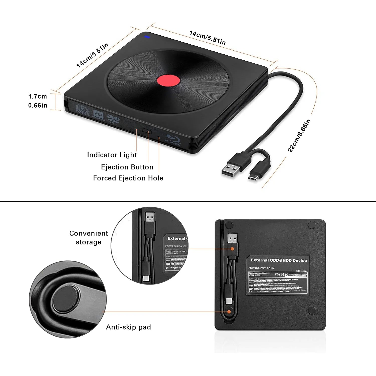 External Blu-ray Drive, USB 3.0 & Type-C BD Reader, DVD/CD Burner – Portable Blu-ray Player for Laptop PC, Windows/Linux/Mac OS