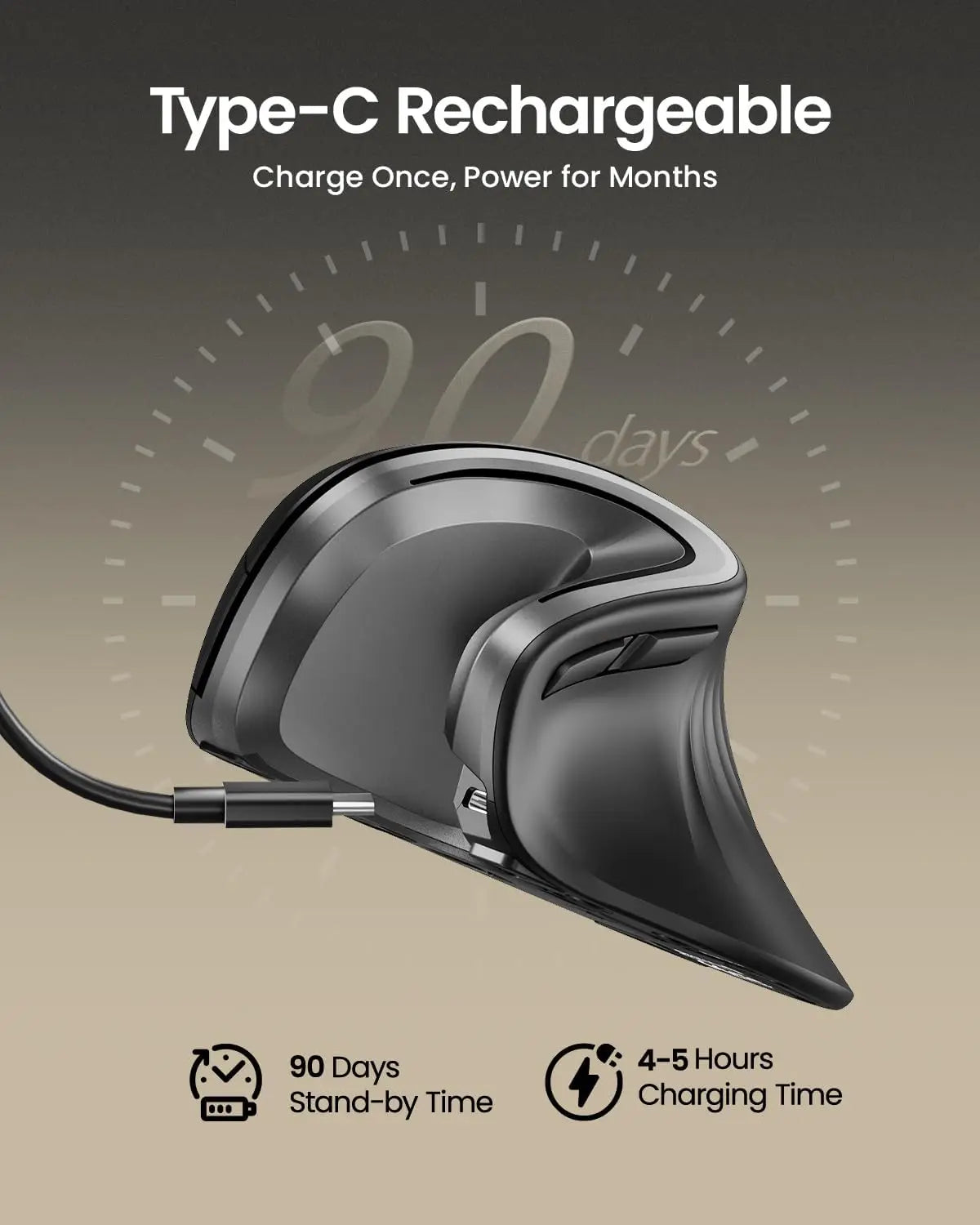 ProtoArc Ergonomic Mouse, EM11 NL Bluetooth Rechargeable Wireless Vertical Mouse 3 Multi-Device Connectivity for Computer/PC